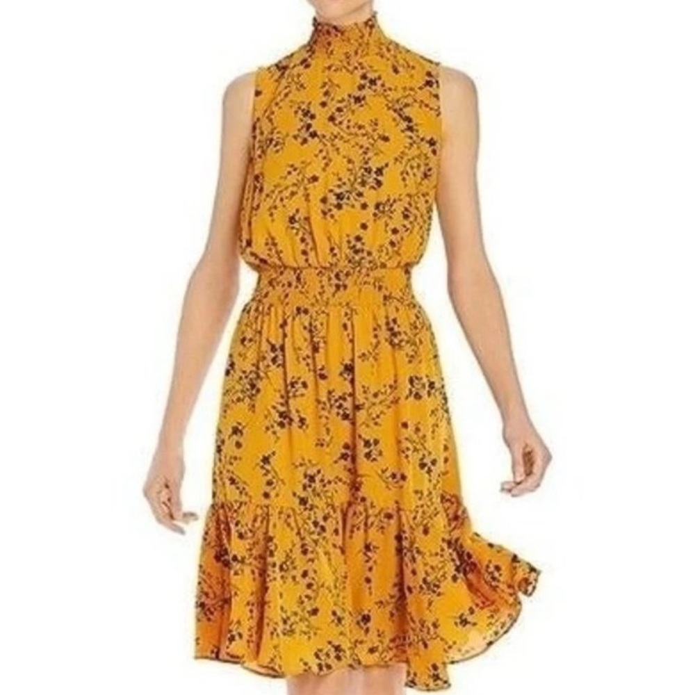 Nanette Lepore Floral Mustard Yellow w/ black floral Dress Mock neck sleeveless